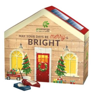 Adventskalender Haus in 2D mit Lindt, Sarotti, Ritter Sport oder Fairtrade Täfelchen mit Logo individuell bedruckt als Werbegeschenk.
