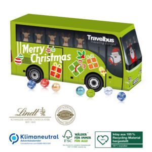 Adventskalender in Bus Form gefüllt mit Lindor Kugeln und personalisiert und individuell bedruckt nach Wunsch als Werbegeschenk.