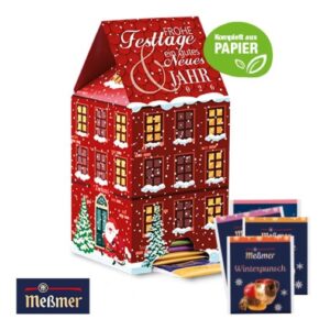 3D Adventskalender-Haus mit Meßmer Tee und mit Logo individuell bedruckt als Werbeartikel.