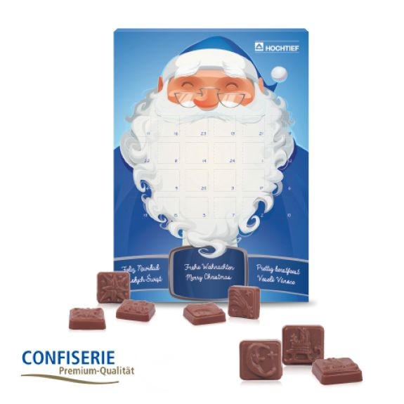 Adventskalender mit Schokolade und individuell mit Logo bedruckt als Werbeartikel.