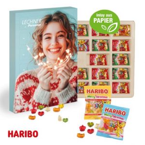 Adventskalender mit Haribo Fruchtgummi und mit Logo individuell bedruckt als Werbeartikel.