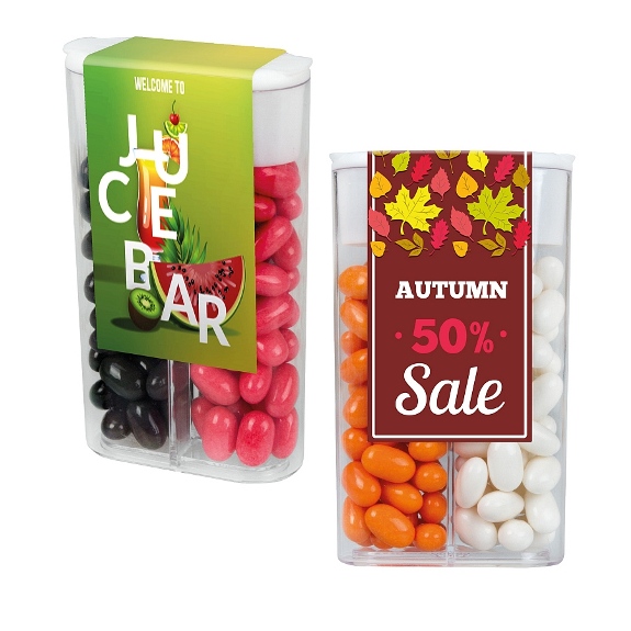 Die Box like Tic Tac ist gefüllt mit 45g Frucht- oder Mintpastillen like Tic Tac. Die Pastillen können zu ein oder zwei Farben in die Box gefüllt werden. Die Box kann individuell bedruckt werden auf einem Klebeetikett.