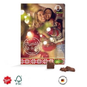 Adventskalender mit Schokolade individuell bedruckt mit Logo als Werbeartikel.