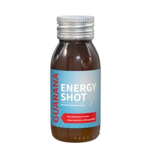 Veganer Energy Shot in brauner Flasche individuell bedruckt als Werbeartikel.