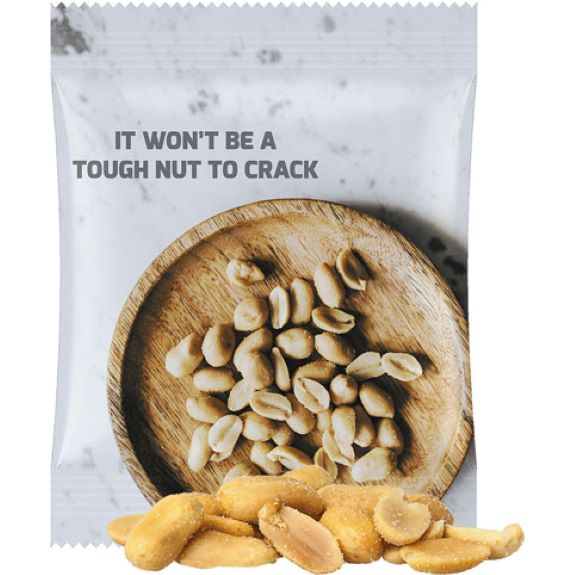 Erdnüsse im Tütchen als Werbeartikel individuell bedruckt mit Logo und Werbebotschaft.