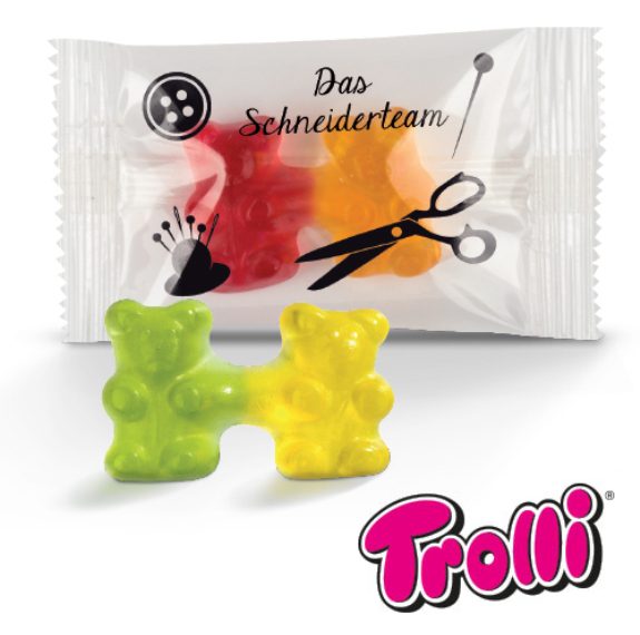 Team Gummibärchen der Marke Trolli mit Werbedruck auf der Folie. Zwei miteinander verbundene Gummibärchen.