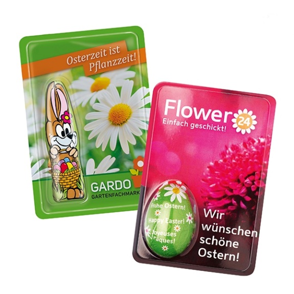 Gubor Sweet Card Ostern mit individuellem Druck auf dem Deckblatt und Schoko Osterhase von Gubor mit Standardmotiv oder individuell bedruckt.