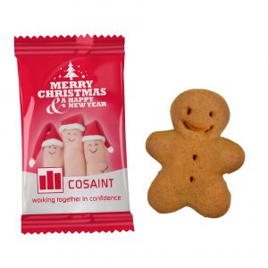 Kleiner Lebkuchenmann in Werbetüte mit Logo individuell bedruckt als Werbeartikel.