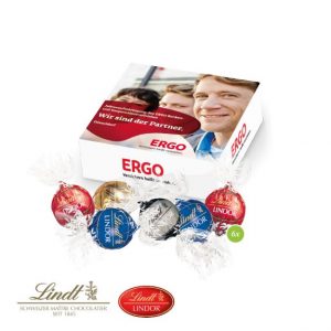 Lindt Lindor Pralinés Kugeln zu 4 oder 6 Stück in Präsentbox mit Logo individuell bedruckt als Werbeartikel.