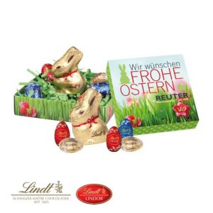 Mini Osternest von Lindt mit Lindor Ostereier und Lindt Osterhaase individuell mit Logo bedruckt als Werbeartikel.
