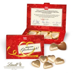 Lindt Schokoherzen in Präsentbox mit individuellem Druck als Werbeartikel.