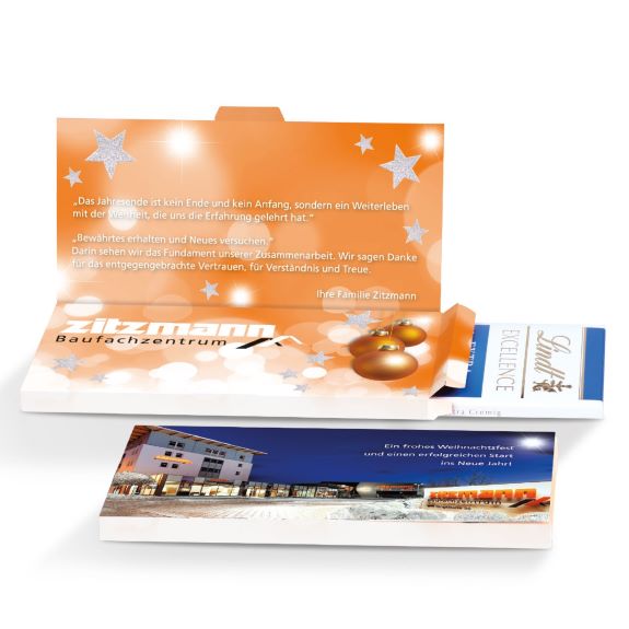 Lindt Schokotafel in Werbebox mit individuell bedruckter Werbekartonage mit Grußkarte als Werbeartikel.