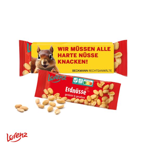 Nüsse von Lorenz, wie Erdnüsse, im Werbeschuber mit Logo individuell bedrucken als Werbeartikel.