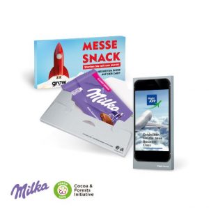 Milka Schoko Tafel 45 g verpackt in einer Werbebox bzw. Faltschachtel zum Bedrucken mit Logo als Werbeartikel.