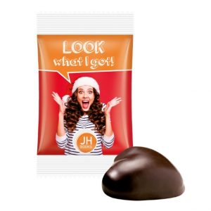 Mini Lebkuchenherz mit Aprikosen-Marmelade gefüllt und mit Schokolade überzogen einzeln in Werbetüte mit Logo individuell bedruckt als Werbeartikel.