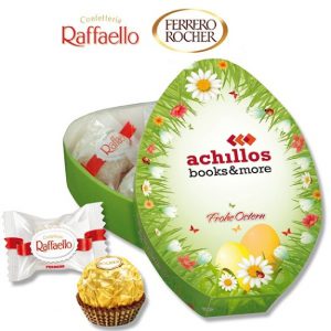 Osterei Geschenkbox Ferrero individuell bedruckt auf der Oberseite der Verpackung. Die Verpackung ist gefüll mit fünf Ferrero Rocher oder fünf Raffaello.