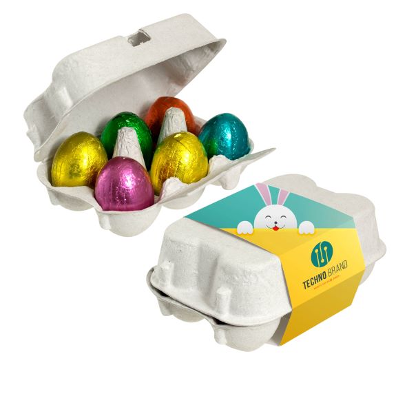 Eierverpackung mit Schokoladen Ostereier individuell bedruckt als Werbeartikel.