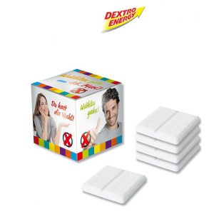 Der Promo Würfel Dextro Energy ist gefüllt mit 5 Stück Dextro Energy Traubenzucker. Der Werbe Würfel ist aus Karton und kann individuell personalisiert werden nach Wunsch.