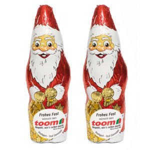 Der Schoko Weihnachtsmann ist aus deutscher Fairtrade Markenschokolade. Das Werbeetikett kann individuell bedruckt werden.