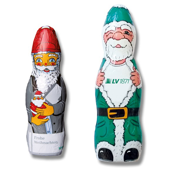 Schoko Weihnachtsmann individuell bedruckt auf der Folie mit Logo als Werbeartikel.