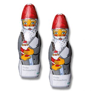 Schoko Weihnachtsmann mit Logo individuell bedruckt als Werbegeschenk.