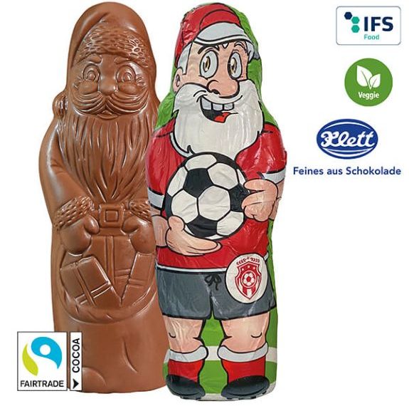 Schoko Weihnachtsmann 40 g individuell bedruckt als Werbegeschenk.