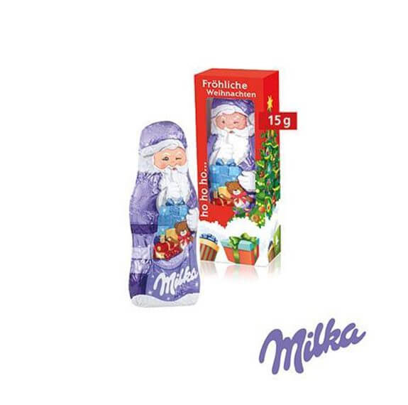 Milka Weihnachtsmann 15g in individuell bedruckter Werbebox.