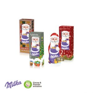 Schoko Weihnachtsmann von Milka in einer mit Logo individuell bedruckten Werbebox als Werbeartikel.