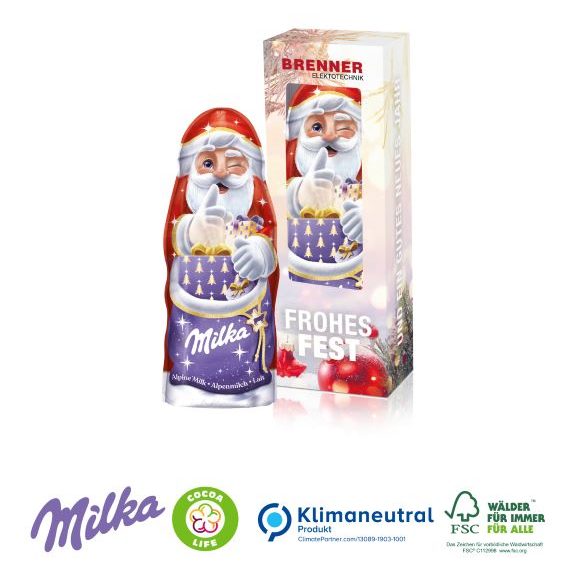 Milka Weihnachtsmann 45 g in der Werbebox mit individuellem Druck als Werbeartikel.