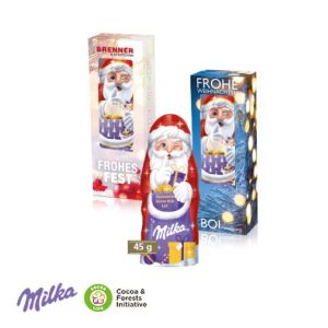 Milka Weihnachtsmann in der Werbebox mit Logo individuell bedruckt als Werbeartikel.