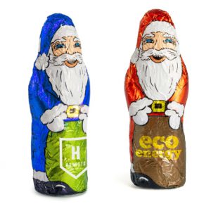 Schoko Weihnachtsmann mit Logoeindruck auf der Folie und 15g Fairtrade Vollmilchschokoolade.