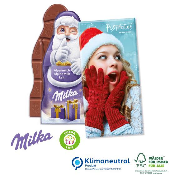 Weihnachtsmanntafel der Marke Milka verpackt in einer individuell bedruckten Werbebox als Werbeartikel.