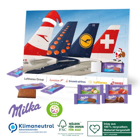 Tisch Adventskalender mit Milka Schokolade individuell bedruckt mit Logo als Werbeartikel.