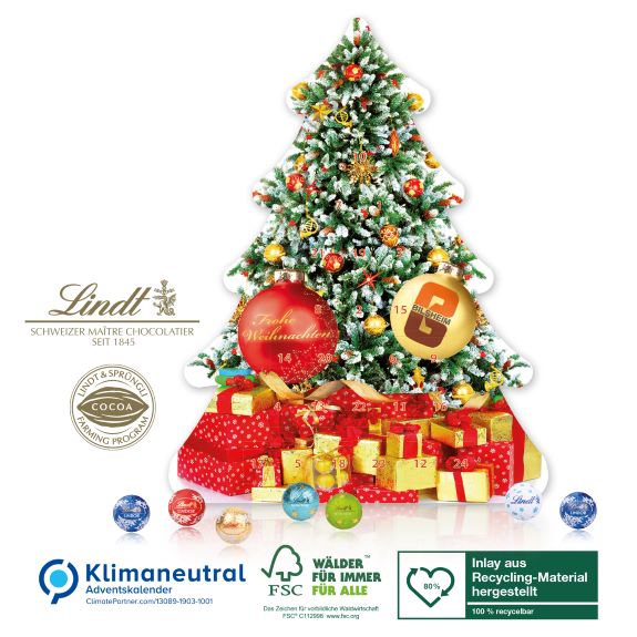Adventskalender als Weihnachtsbaum gefüllt mit Lindor Kugeln und individuell mit Logo bedruckt als Werbeartikel.