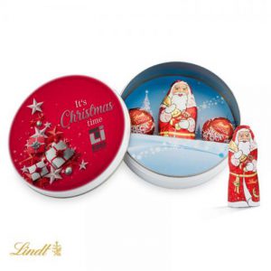 Die Weihnachtsdose ist gefüllt mit 1 Lindt Weihnachtsmann 10g und 2 Lindor-Kugeln. Die Weihnachtsdose kann individuell bedruckt werden auf dem Deckel.Schokolade