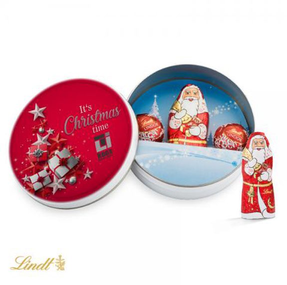 Die Weihnachtsdose ist gefüllt mit 1 Lindt Weihnachtsmann 10g und 2 Lindor-Kugeln. Die Weihnachtsdose kann individuell bedruckt werden auf dem Deckel.Schokolade
