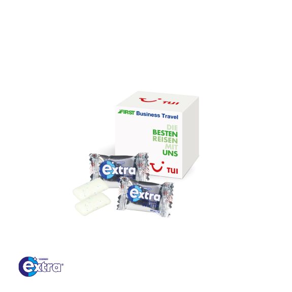 Werbe-Würfel mit süsser Füllung wie Wrigleys Extra Kaugummi, mit Logo individuell bedruckt als Werbeartikel.