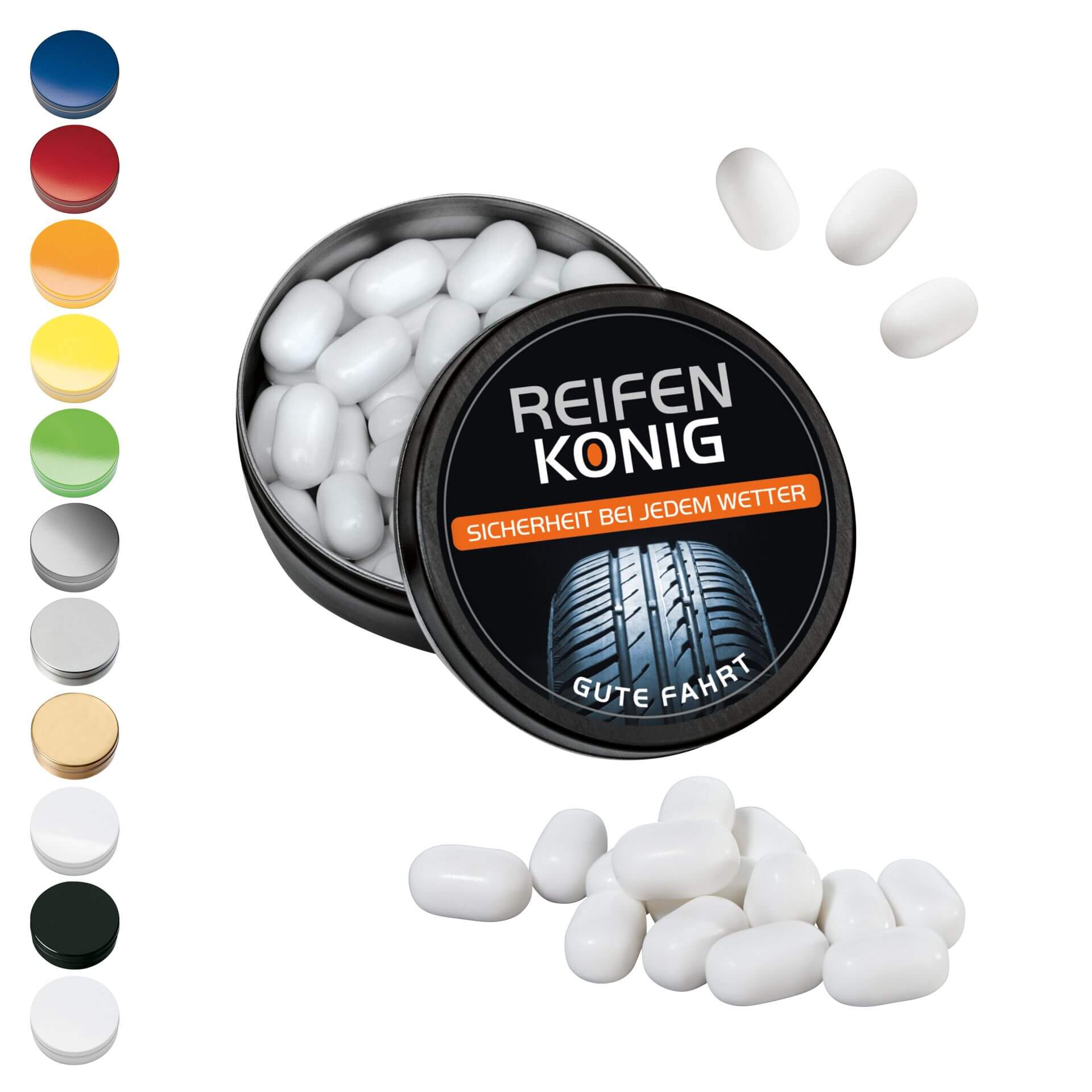 XS-Taschendose mit Süssigkeien gefüllt und die Dose aus Metall individuell bedruckt mit Logo als Werbeartikel.