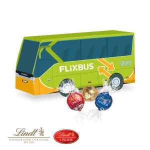 3D Präsent Bus mit Lindt Lindor Pralinés-Kugeln gefüllt und mit Logo individuell bedruckt als Werbeartikel.