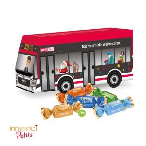 3D Weihnachtspräsent als Bus mit Merci Petits und mit Logo individuell bedruckt als Werbeartikel.
