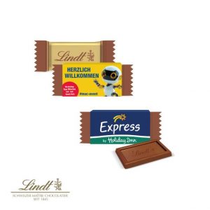 Lindt Schoko Täfelchen mit Werbe-Banderole mit individuellem Druck als Werbeartikel.