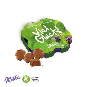 Milka Kleines Dankeschön mit Pralinen als Kleeblatt und Werbebox individuell mit Logo bedruckt als Werbeartikel.