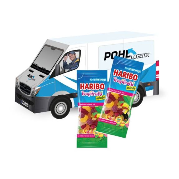 Haribo Tutti Frutti in einem 3D LKW Präsent aus Karton, individuell mit Logo bedruckt als Werbeartikel.