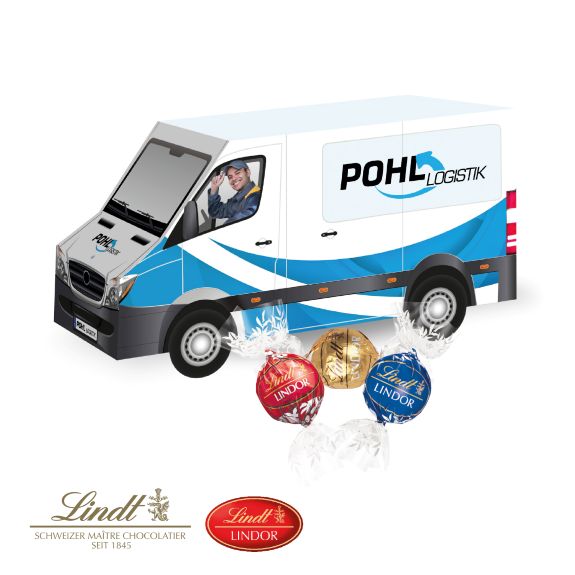Lindt Lindor Pralinés Kugeln in einem 3D LKW Präsent aus Karton, individuell mit Logo bedruckt als Werbeartikel.