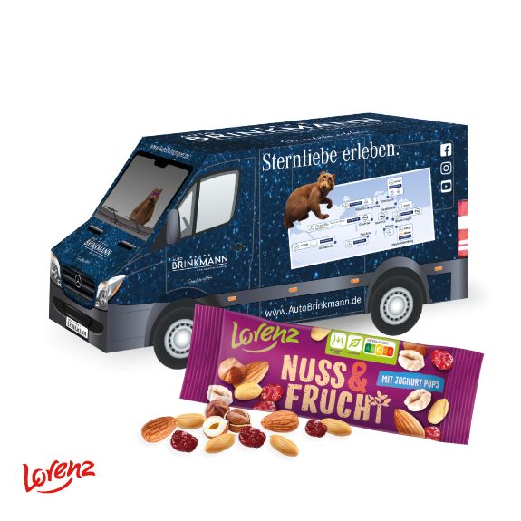 Lorenz Nic Nac's in einem 3D LKW Präsent aus Karton, individuell mit Logo bedruckt als Werbeartikel.