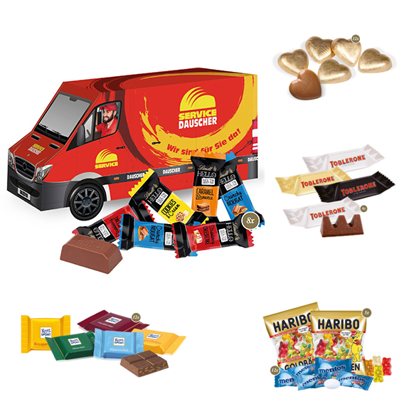 3D Verpackung als Transporter mit Süßigkeiten gefüllt und individuell bedruckt als Werbeartikel.