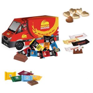 3D Präsent als Transporter mit Süßigkeiten befüllt und individuell bedruckt als Werbeartikel.