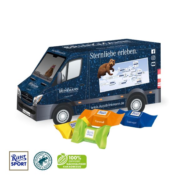 3D Präsent als Container mit Ritter Sport Schokowürfel gefüllt und mit Logo individuell bedruckt als Werbeartikel.