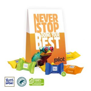 Business Präsent Selection maxi mit Ritter Sport Schokowürfel und mit Logo individuell bedruckt als Werbeartikel.