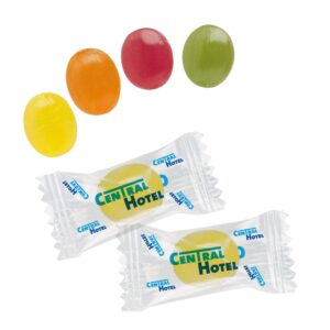 Werbe Mini-Bonbons mit Logo individuell bedruckt auf dem Flowpack aus Folie.